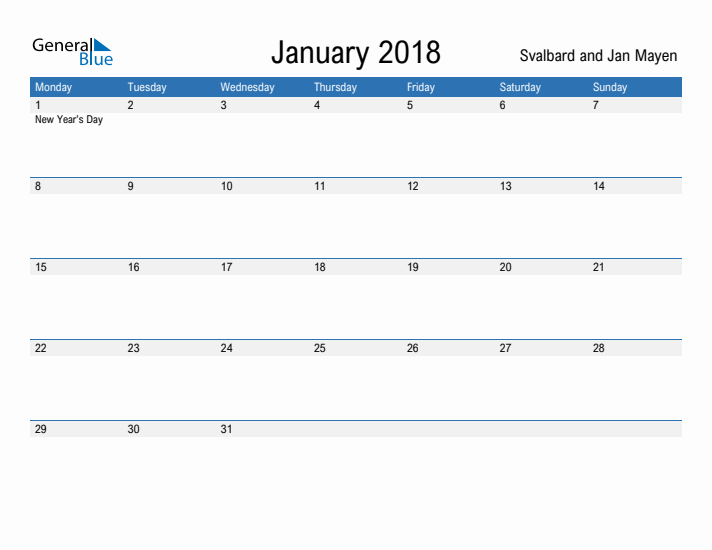 Fillable January 2018 Calendar