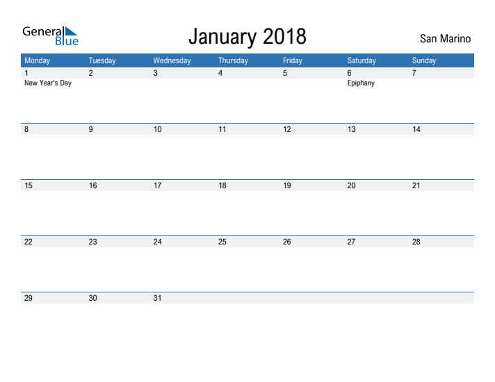 Fillable January 2018 Calendar