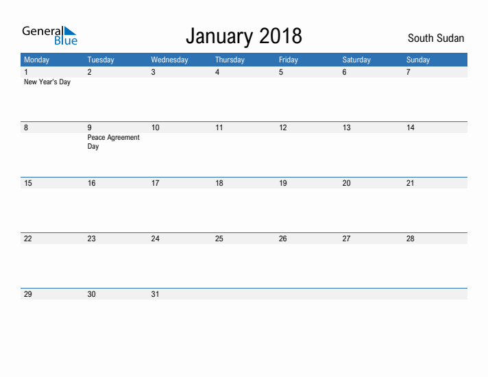 Fillable January 2018 Calendar