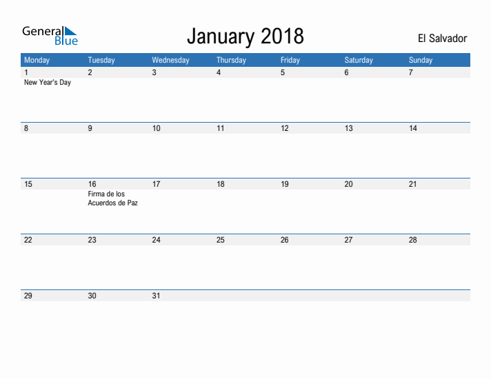 Fillable January 2018 Calendar