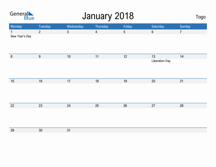 Fillable January 2018 Calendar