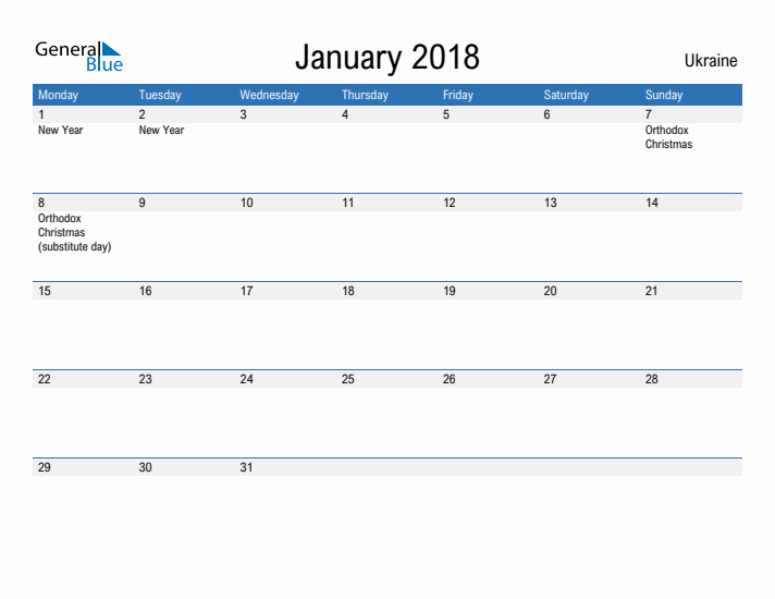 Fillable January 2018 Calendar