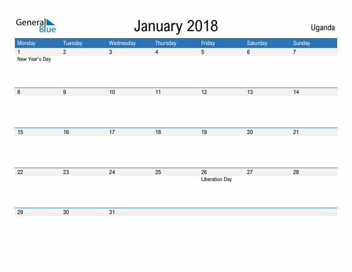 Fillable January 2018 Calendar