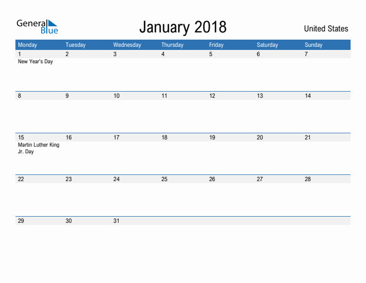 Fillable January 2018 Calendar