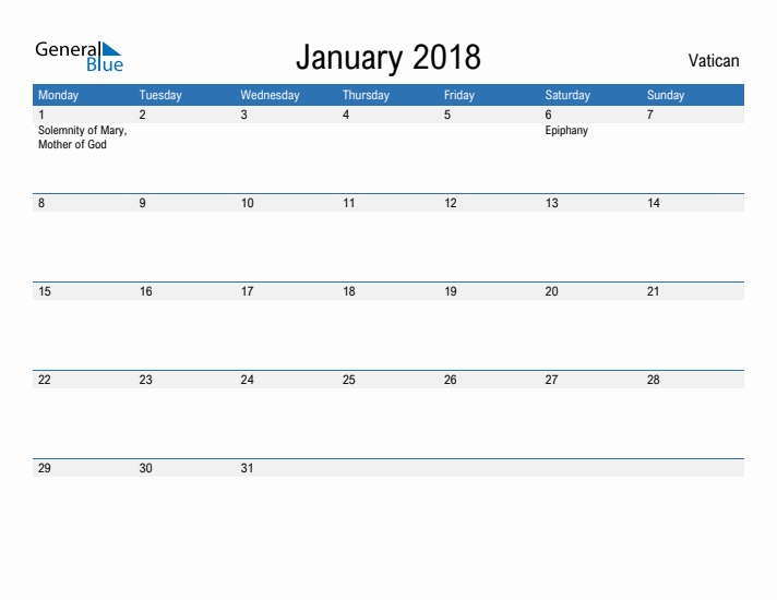 Fillable January 2018 Calendar