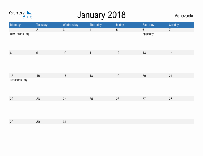 Fillable January 2018 Calendar