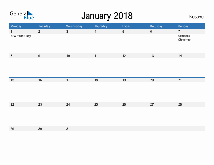 Fillable January 2018 Calendar