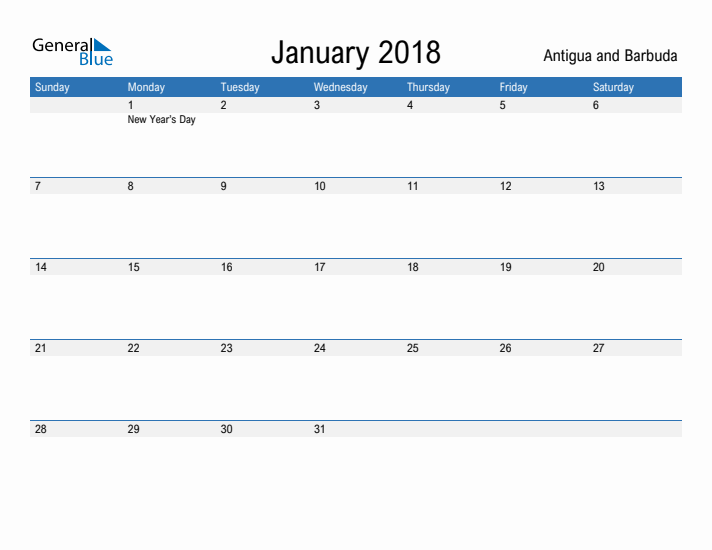 Fillable January 2018 Calendar