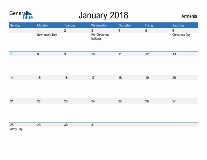 Fillable January 2018 Calendar