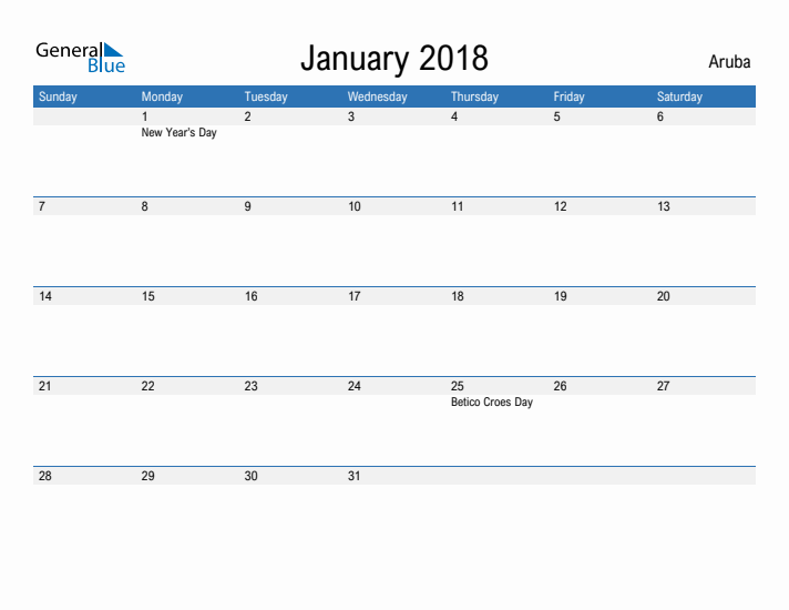 Fillable January 2018 Calendar