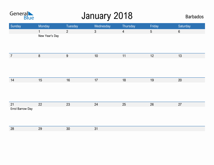 Fillable January 2018 Calendar