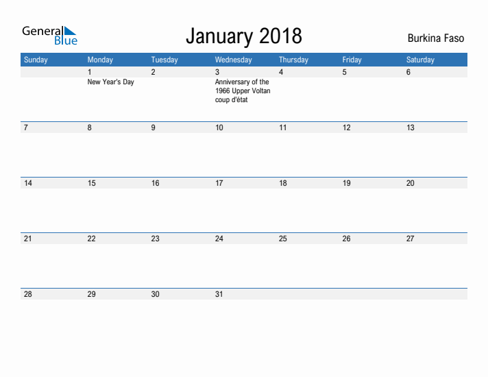 Fillable January 2018 Calendar