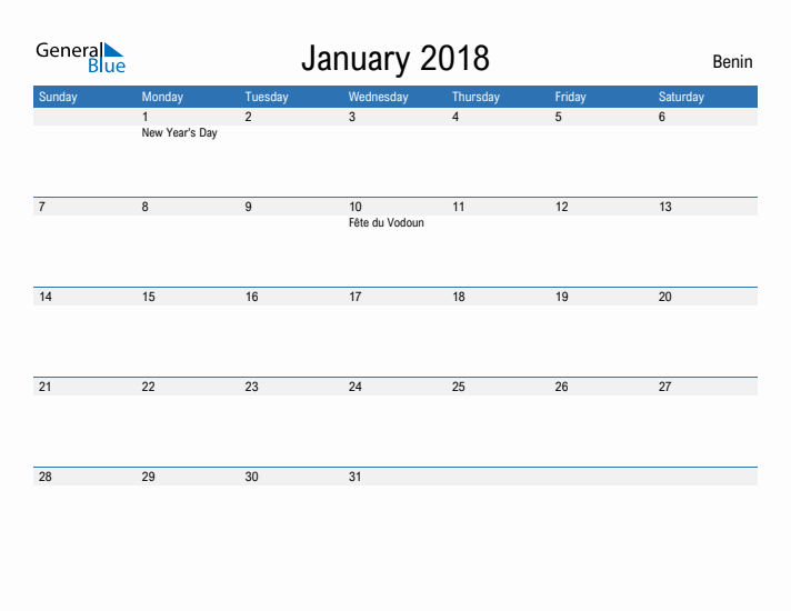 Fillable January 2018 Calendar