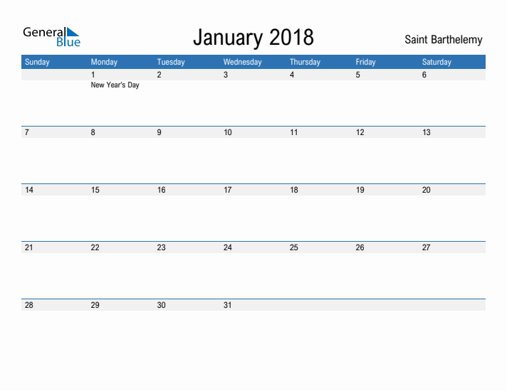 Fillable January 2018 Calendar