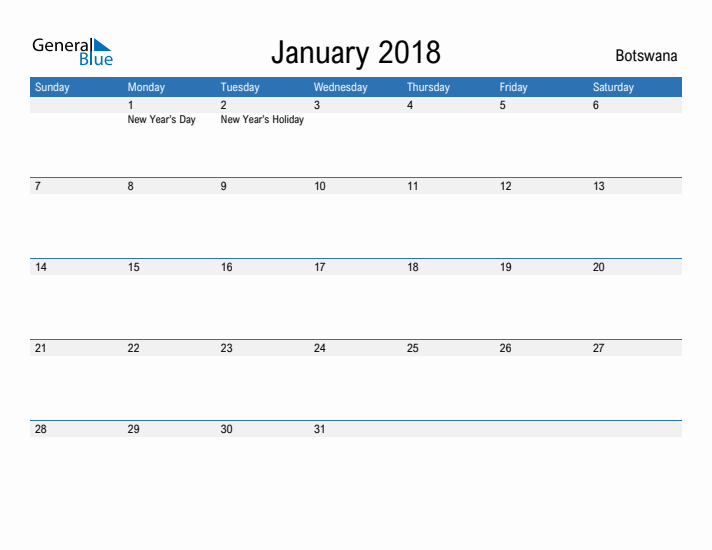 Fillable January 2018 Calendar