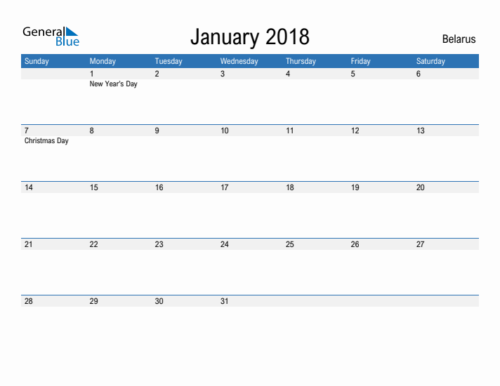 Fillable January 2018 Calendar