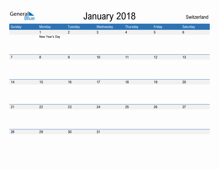 Fillable January 2018 Calendar