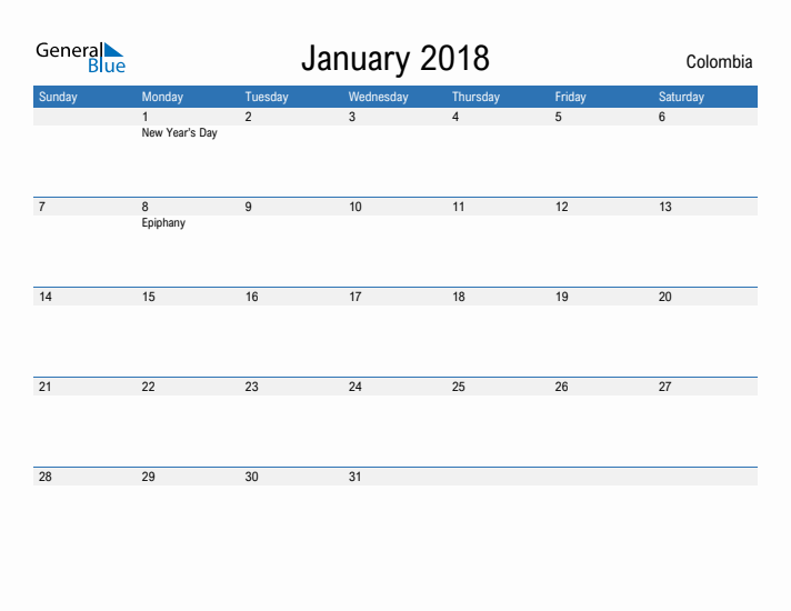 Fillable January 2018 Calendar