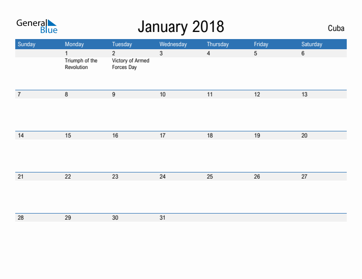 Fillable January 2018 Calendar