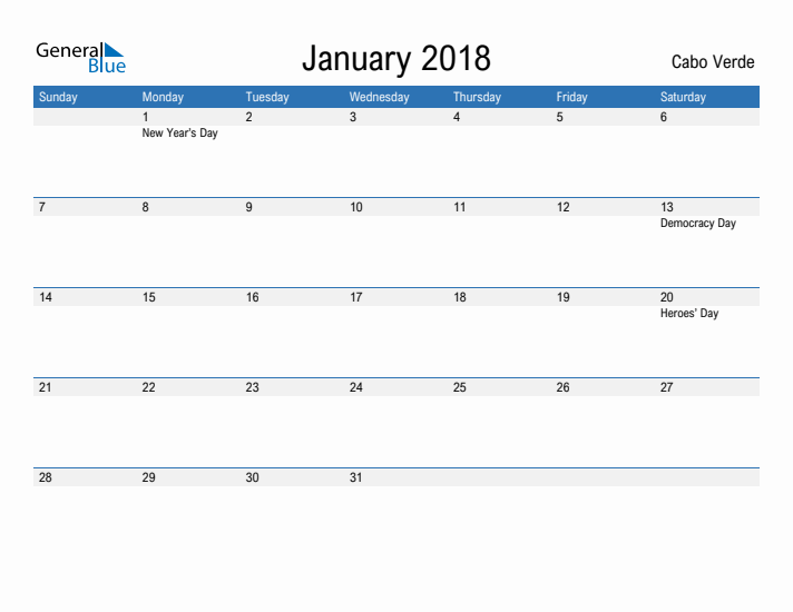 Fillable January 2018 Calendar