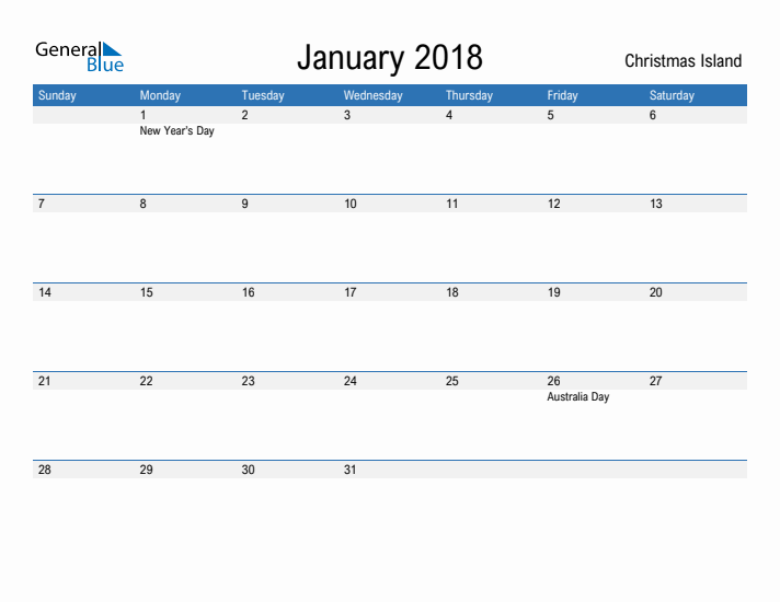 Fillable January 2018 Calendar