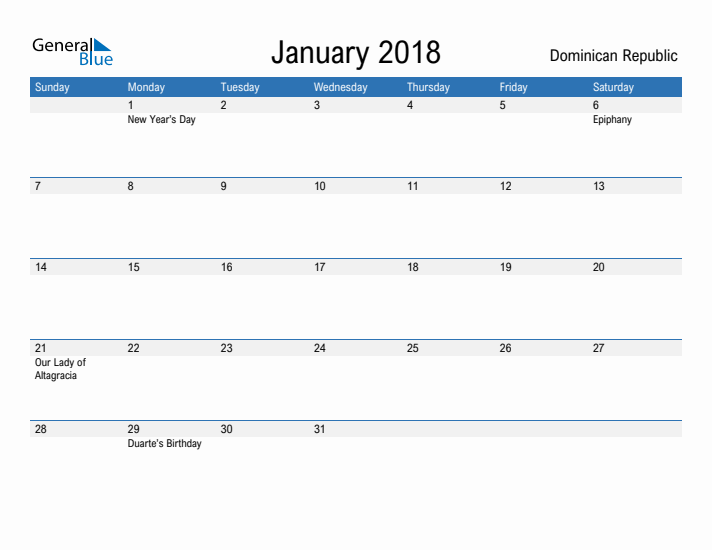 Fillable January 2018 Calendar