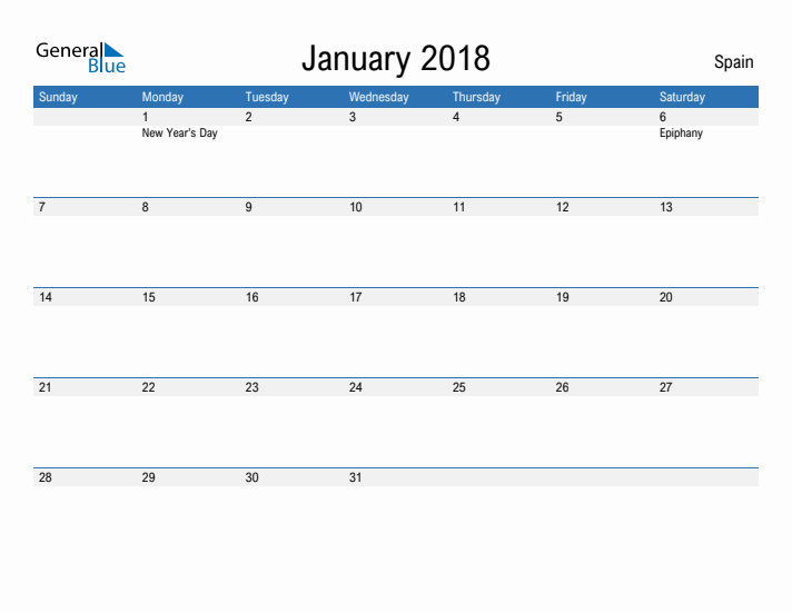 Fillable January 2018 Calendar