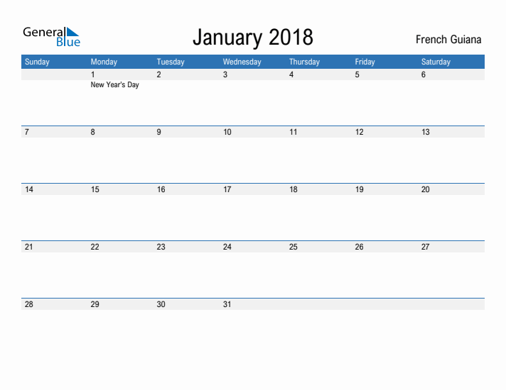 Fillable January 2018 Calendar