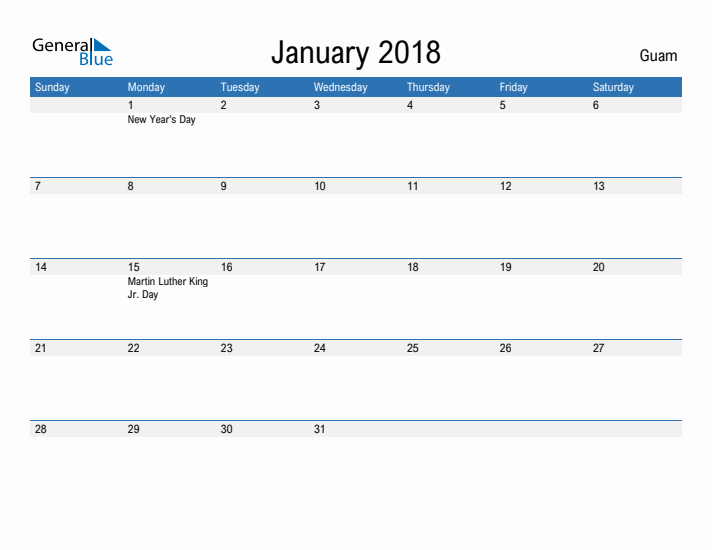 Fillable January 2018 Calendar