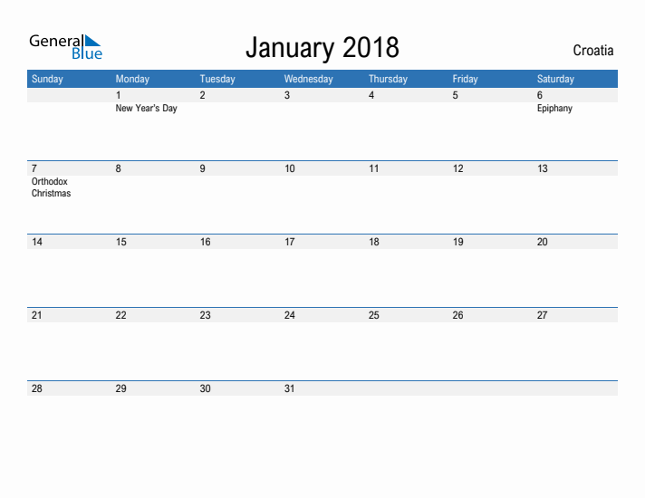 Fillable January 2018 Calendar