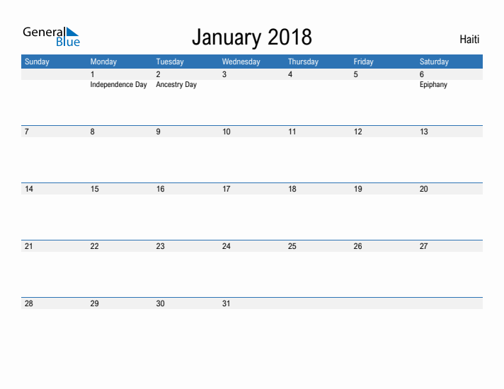 Fillable January 2018 Calendar