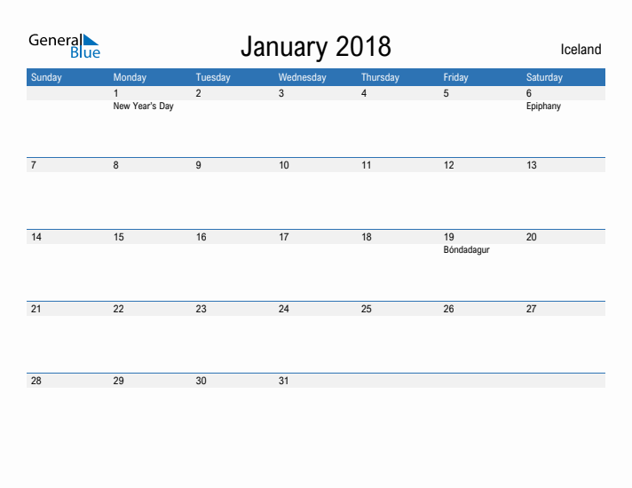 Fillable January 2018 Calendar