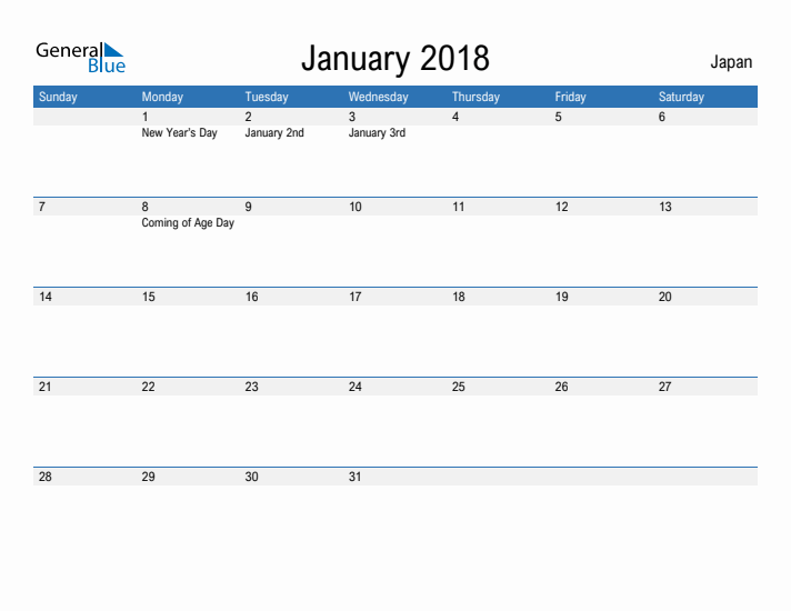 Fillable January 2018 Calendar