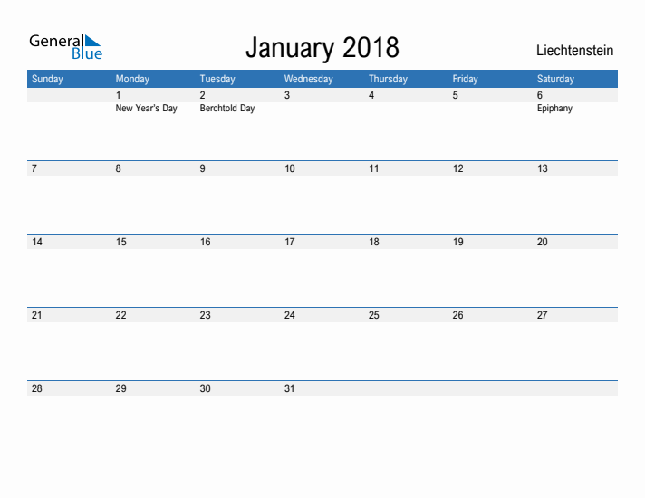 Fillable January 2018 Calendar