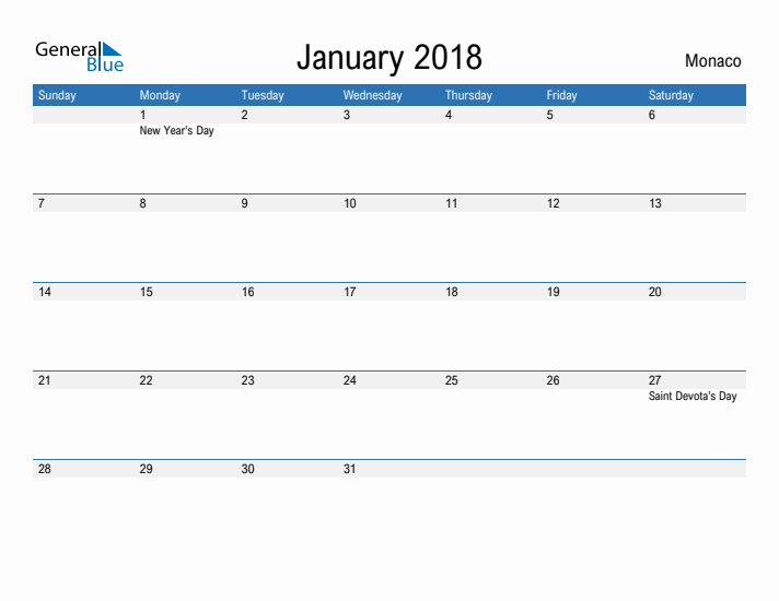 Fillable January 2018 Calendar