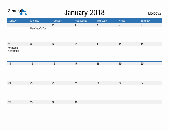 Fillable January 2018 Calendar