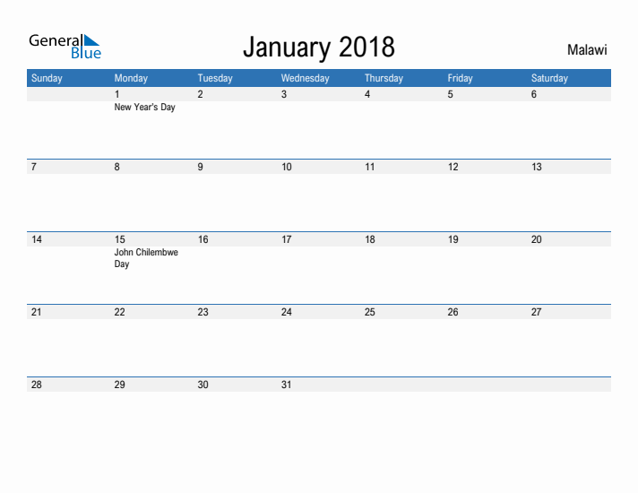 Fillable January 2018 Calendar