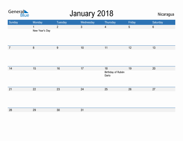 Fillable January 2018 Calendar