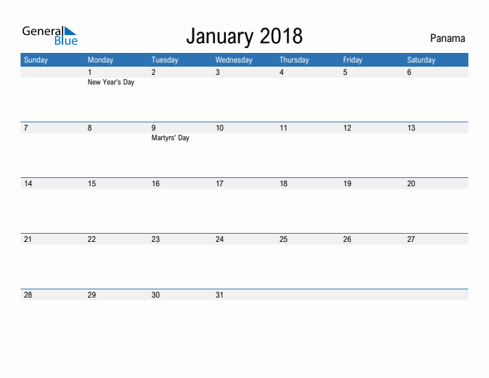 Fillable January 2018 Calendar