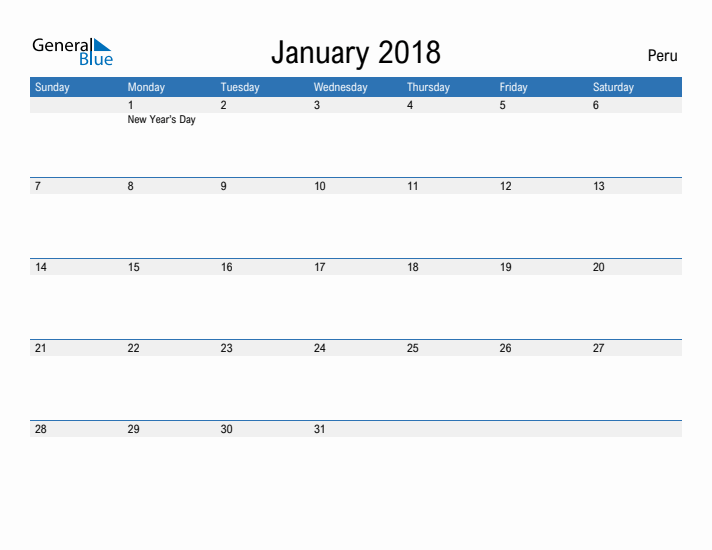 Fillable January 2018 Calendar