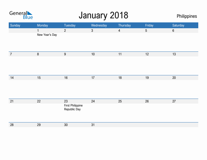 Fillable January 2018 Calendar