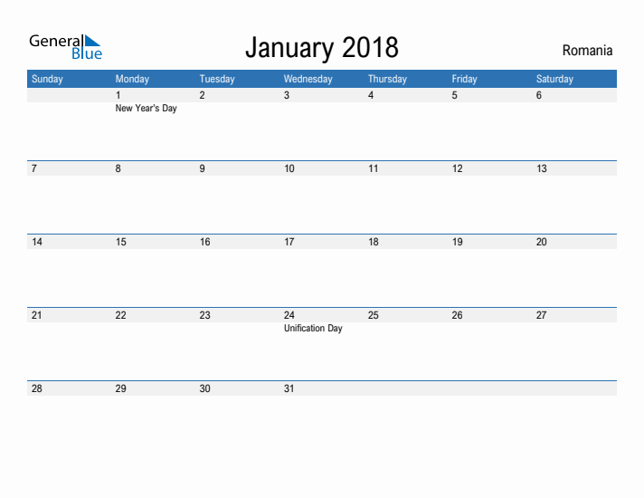 Fillable January 2018 Calendar