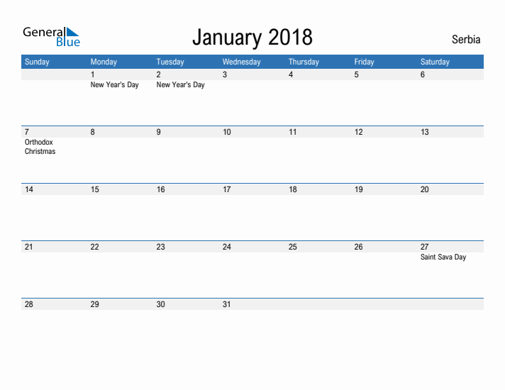 Fillable January 2018 Calendar