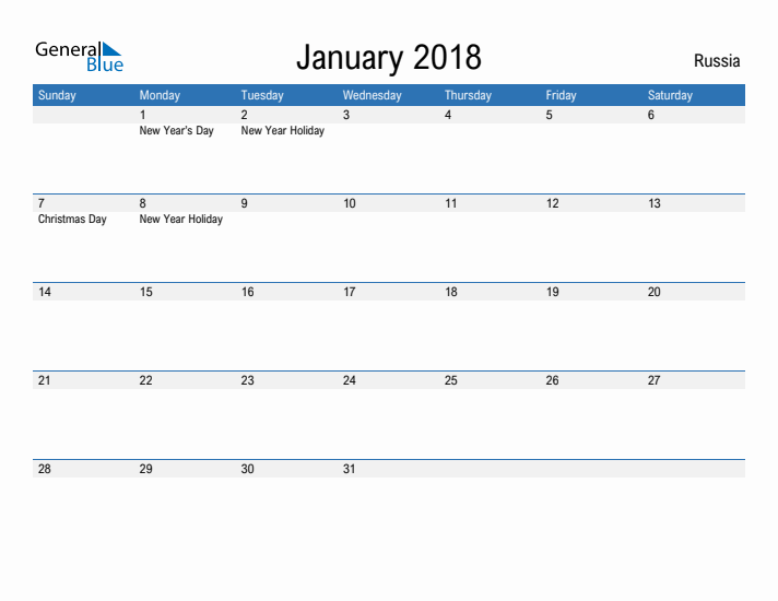 Fillable January 2018 Calendar