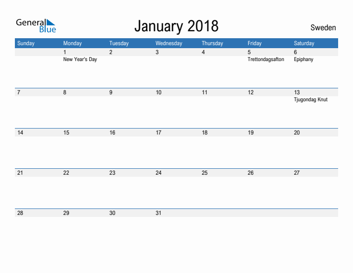 Fillable January 2018 Calendar