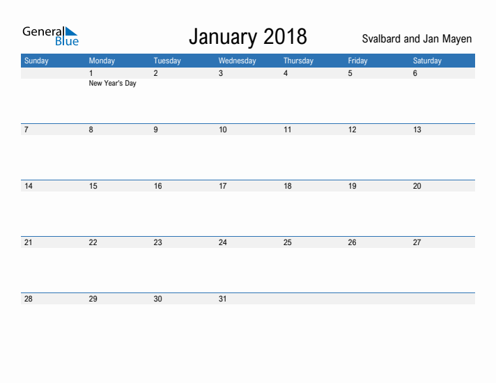 Fillable January 2018 Calendar