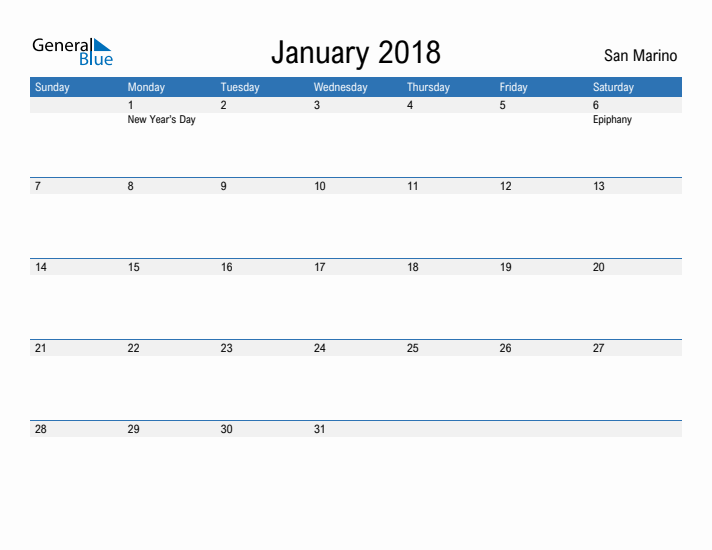 Fillable January 2018 Calendar