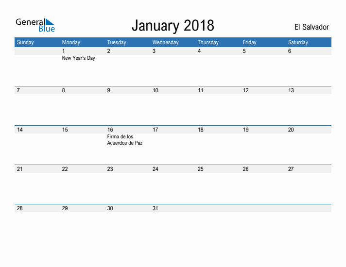 Fillable January 2018 Calendar