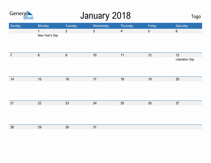 Fillable January 2018 Calendar