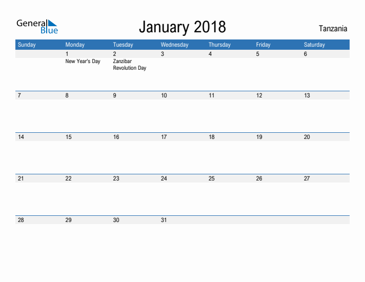 Fillable January 2018 Calendar